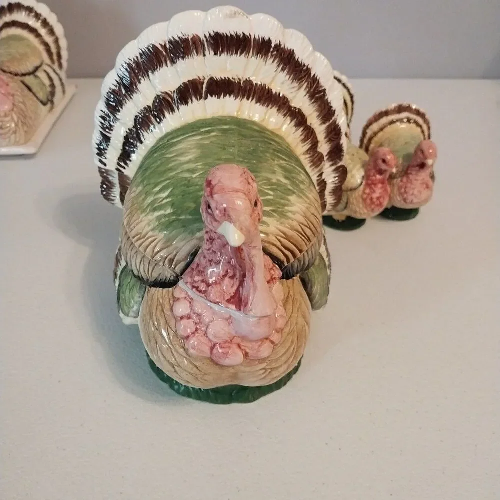Vintage Brinn's Turkey Ceramic Set Butter Dish Gravy Boat S&P Candleholders